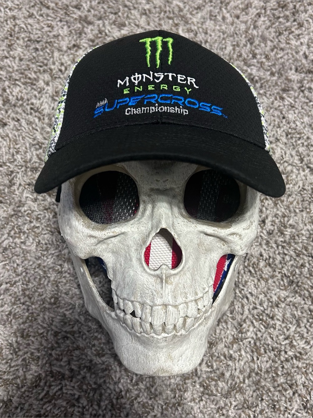 MONSTER ENERGY SUPERCROSS Championship Hat Black Green CAMO Stretch Fit Cap AMA
